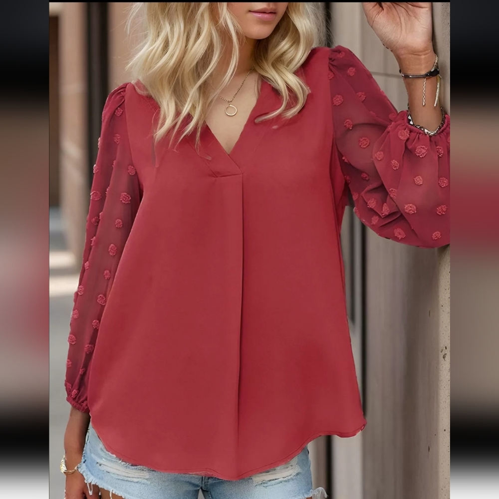 ❤️Elegant Red Blouse with Sheer Swiss Dot Sleeves 🌺Offers Welcome🌺 - Picture 1 of 9